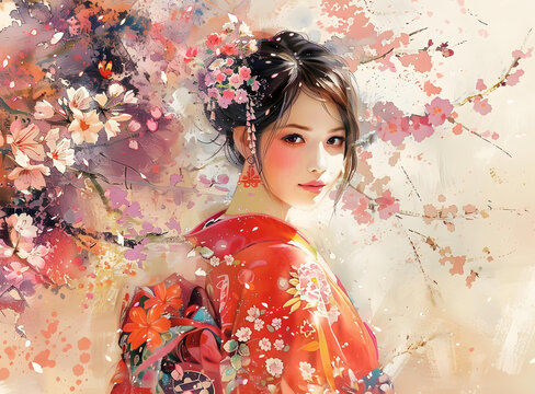 穿著和服的亞洲女性和櫻花