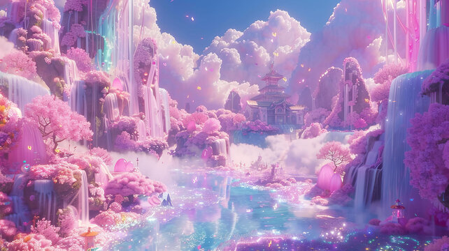 粉色的奇幻景觀與瀑布和城堡
