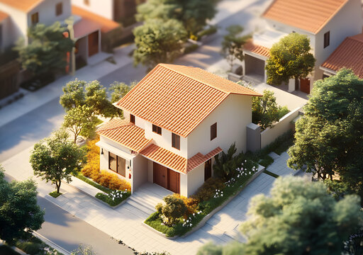 現(xiàn)代郊區(qū)兩層住宅俯瞰圖