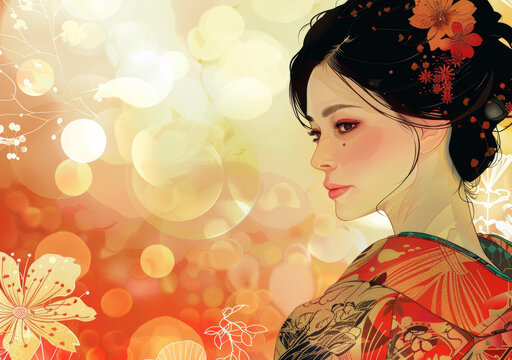 身穿紅色和服的亞洲美女畫像