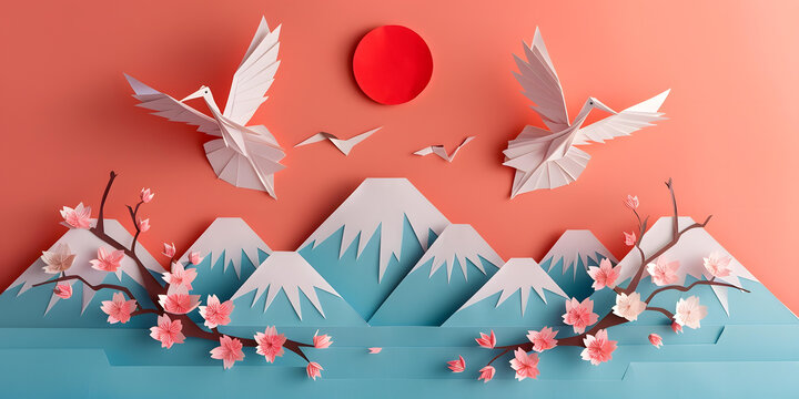 紙藝 山峰櫻花和折紙鶴