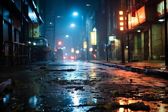 雨夜的城市街道霓虹燈倒映在濕漉漉的路面上