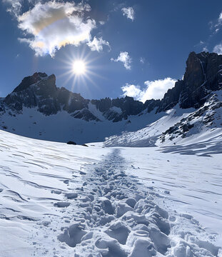 雪山陽光下的雪地小路