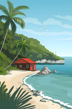 熱帶海灘小屋風(fēng)景畫