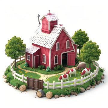 卡通紅色農(nóng)場小屋
