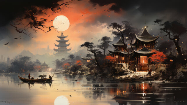 東方奇幻風(fēng)格的湖光山色和寶塔