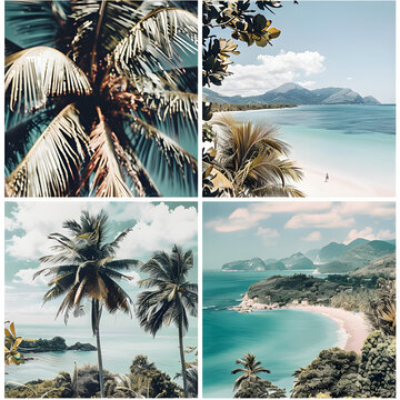 熱帶海灘風(fēng)景拼貼畫：棕櫚樹和海洋景色