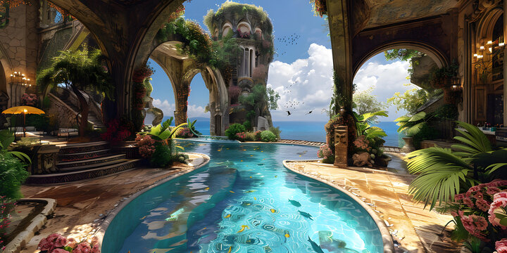 奇幻城堡露臺游泳池和海景
