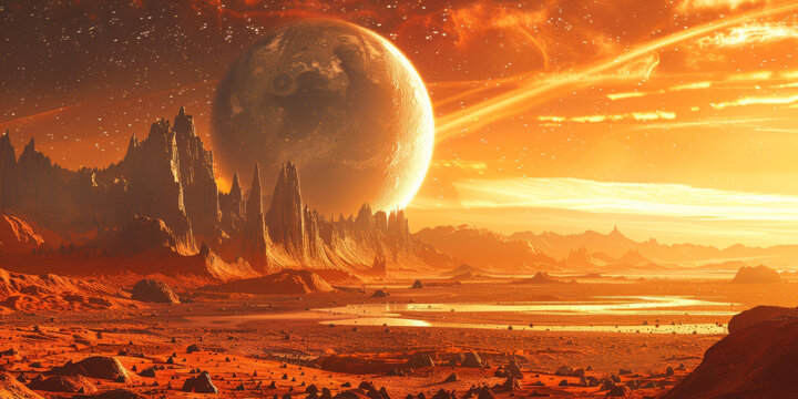 一顆紅色星球的插圖背景有兩顆衛(wèi)星