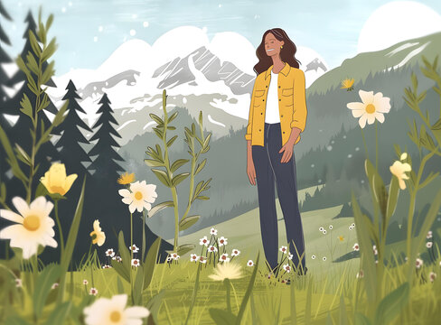 山間花海，女子漫步