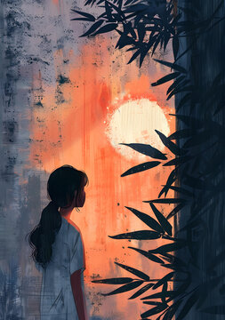 女孩凝望日落