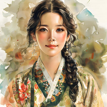 身穿韓國(guó)傳統(tǒng)服飾的年輕女子肖像