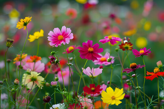 花園里盛開(kāi)的五顏六色的波斯菊