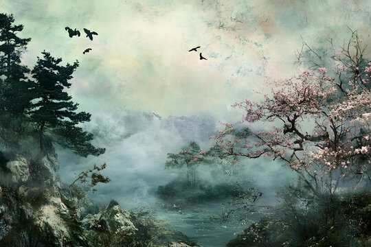霧氣彌漫的河流風(fēng)景，鳥兒和櫻花