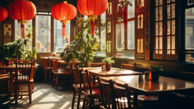 裝飾精美的傳統(tǒng)中式餐廳內(nèi)部