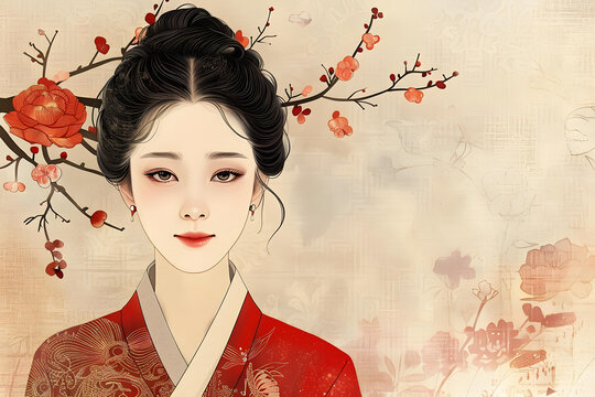 身穿紅色漢服的中國(guó)古代仕女圖