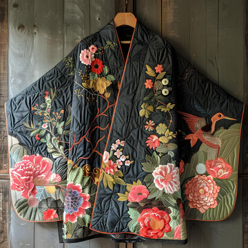 一件繡有花卉和蜂鳥圖案的和服式絎縫外套
