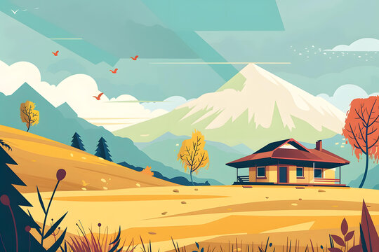 山間小屋，黃色的田野和飛翔的鳥