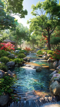 小河穿過巖石和綠色的花園