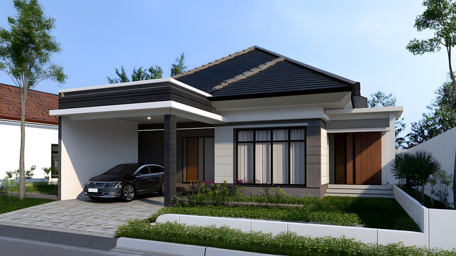 現(xiàn)代住宅設(shè)計，黑色屋頂和汽車