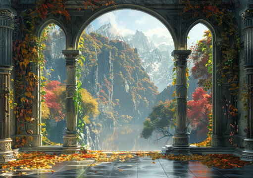 奇幻風(fēng)景畫有山樹和湖