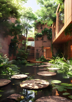 帶水池和木屋的庭院
