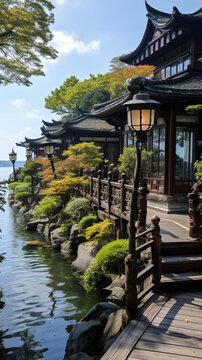 湖畔東方住宅木質(zhì)露臺(tái)郁郁蔥蔥的花園