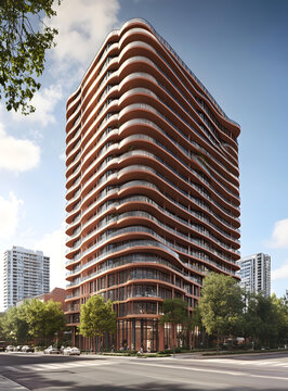 現(xiàn)代建筑設計，帶弧形陽臺的高層建筑