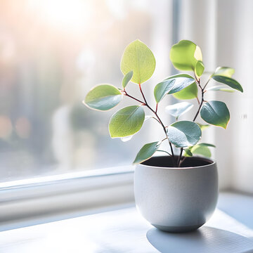 窗臺上陽光照射的盆栽植物