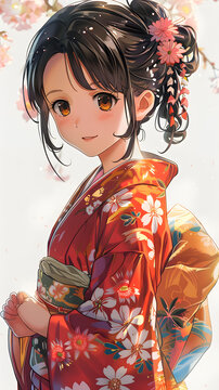 一個穿著紅色和服的可愛動漫女孩，和服上有白色和粉色的花朵，她的頭發(fā)是棕色的，她正在微笑