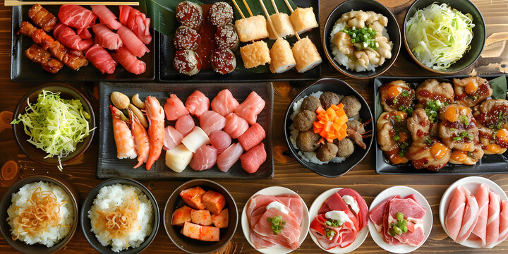日式料理擺盤，海鮮肉類和米飯