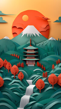 紙藝景觀：寶塔、瀑布和山脈