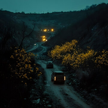 山間夜路上的燈光