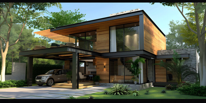 現(xiàn)代木結(jié)構(gòu)鋼結(jié)構(gòu)住宅，帶車庫和綠化景觀