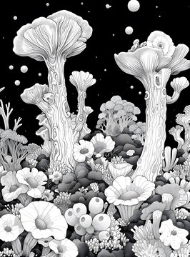 黑白色的外星植物和珊瑚的詳細(xì)圖畫