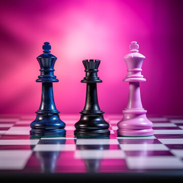 黑白粉棋子在棋盤上對(duì)弈背景為熒光粉色