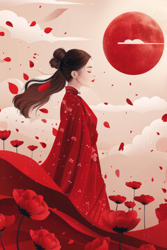 紅月下身著紅色連衣裙的女子