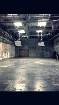 空曠的工業(yè)建筑內(nèi)部，暴露的管道和照明