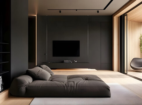 現(xiàn)代極簡主義客廳室內(nèi)設計，灰色沙發(fā)和電視