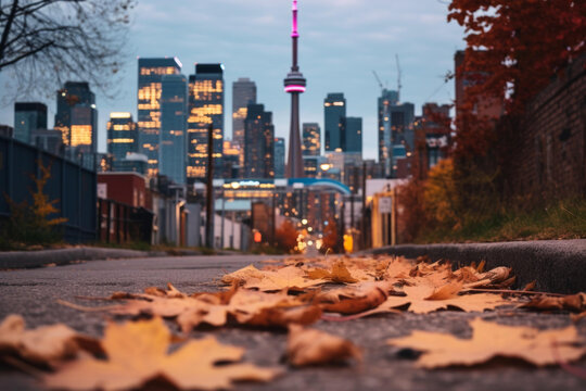 傍晚的加拿大多倫多市天際線前景是落葉