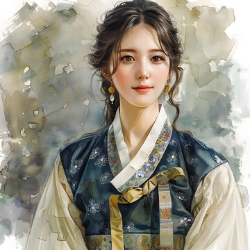 身穿韓國傳統(tǒng)服飾的年輕女子肖像