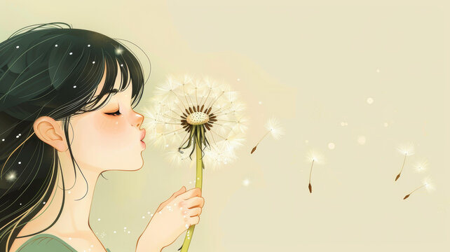 女孩吹蒲公英