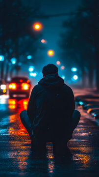 夜色街道上獨(dú)自沉思的人