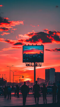 夕陽(yáng)下，城市街景與廣告牌，行人剪影