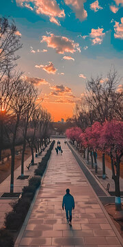 夕陽下樹木林蔭大道景觀