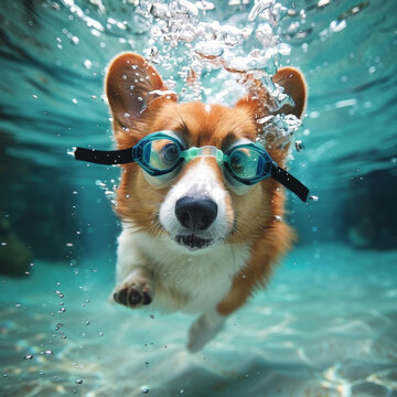 一只可愛的小柯基犬戴著游泳鏡在水下游泳
