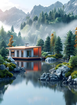 湖畔現(xiàn)代住宅外觀設(shè)計(jì)，配以壯麗的山景和森林景觀