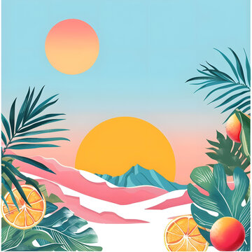熱帶日落棕櫚葉和柑橘類(lèi)水果
