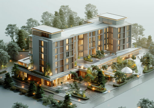 現(xiàn)代建筑設計，周圍有樹木和景觀