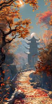 秋日山林古塔小路